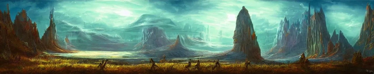 Image similar to retro sci-fi fantasy landscape