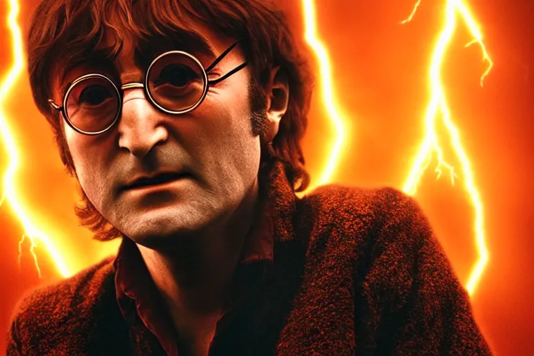 Image similar to an ultra realistic, cinematic, headshot portrait, of john lennon as harry potter, fire, facial features, background of a lava river, with rain and lightning, detailed, deep focus, movie still, dramatic lighting, ray tracing, by michal karcz and yoshitaka amano