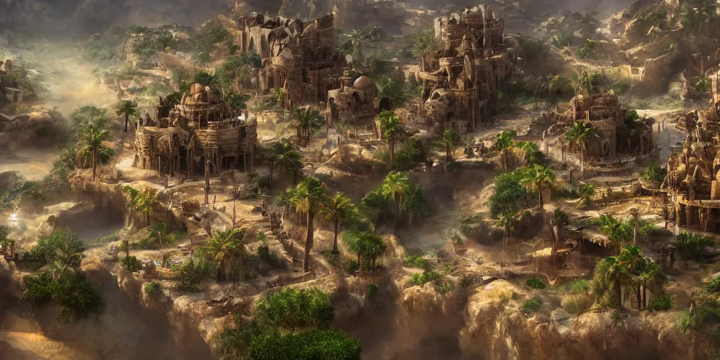 Image similar to Sprawling bustling high fantasy oasis desert village flowing with water, Cinematic Matte Painting, Insanely Detailed, Award Winning, Trending on Artstation, 8k, UHD