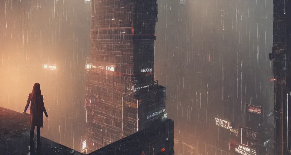 Image similar to a woman standing on the top of a building in a cyberpunk city, nighttime, raining, intricate artwork by Tooth Wu and wlop and beeple, octane render, hyper realism, 8k