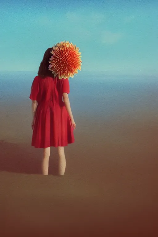 Image similar to closeup giant dahlia flower head, girl standing on beach, surreal photography, blue sky, sunrise, dramatic light, impressionist painting, digital painting, artstation, simon stalenhag