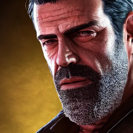 Prompt: portrait art of negan walking dead, 8 k ultra realistic, lens flare, atmosphere, glow, detailed, intricate, full of colour, led lighting, 4 k, hyperrealistic, focused, extreme details, unreal engine 5, masterpiece