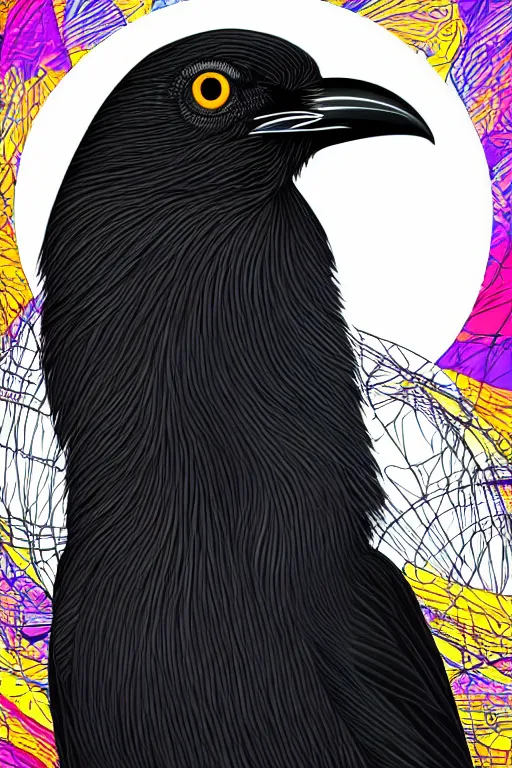 Image similar to close up portrait of a crow in front of the full big moon, colorful vector graphic, .eps, .ai, Adobe Illustrator, clear lines and clear shapes, intricate, 8k highly professionally detailed, HDR, CGsociety