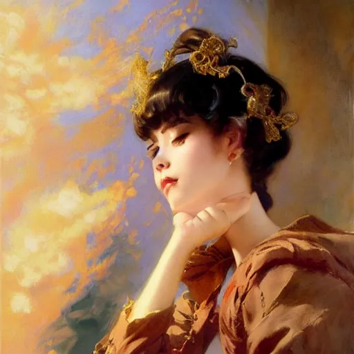 Prompt: a high fashion studio portrait of a charming anime girl, closed eyes, accurate painting by gaston bussiere, craig mullins, j. c. leyendecker