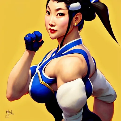 Image similar to Greg Manchess portrait painting of Chun-Li as Overwatch character, medium shot, asymmetrical, profile picture, Organic Painting, sunny day, Matte Painting, bold shapes, hard edges, street art, trending on artstation, by Huang Guangjian and Gil Elvgren and Sachin Teng