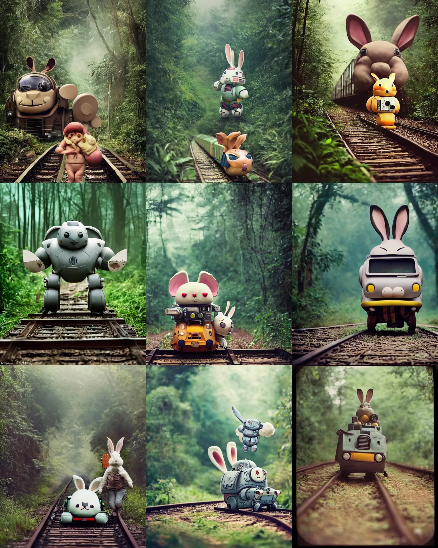 Prompt: epic battle pose !!!giant oversized battle rabbit robot chubby mech baby as train cute with big ears and rabbit, on a jungle forest train track , full body , Cinematic focus, Polaroid photo, vintage , neutral dull colors, soft lights, foggy ,random weather, by oleg oprisco , by victor enrich