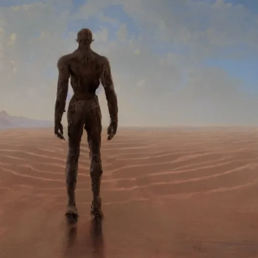 Prompt: Panorama view of a giant statue walking in a desert, oil painting, by Greg Rutkowski