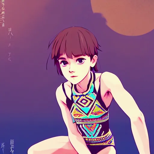 Image similar to a beautiful boyish emma watson alluring instagram model, wearing japanese hiphop aztec leotard outfit with mayan pattern and native style, aztec street fashion bathing suit, botw style, gapmoe yandere grimdark, trending on pixiv fanbox, painted by greg rutkowski makoto shinkai takashi takeuchi studio ghibli, akihiko yoshida