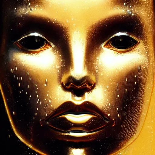 Prompt: an intricate, detailed face of an android, golden skin with water drops on it, dramatic lighting, trending on artstation, syd mead