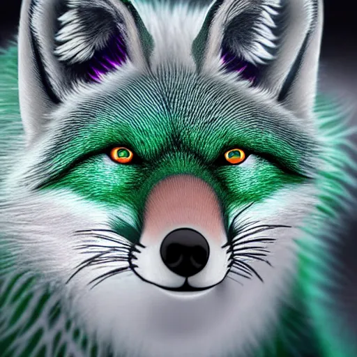 Image similar to close up of photorealistic green fox with green fur and glowing magenta eyes, wearing a black hoodie