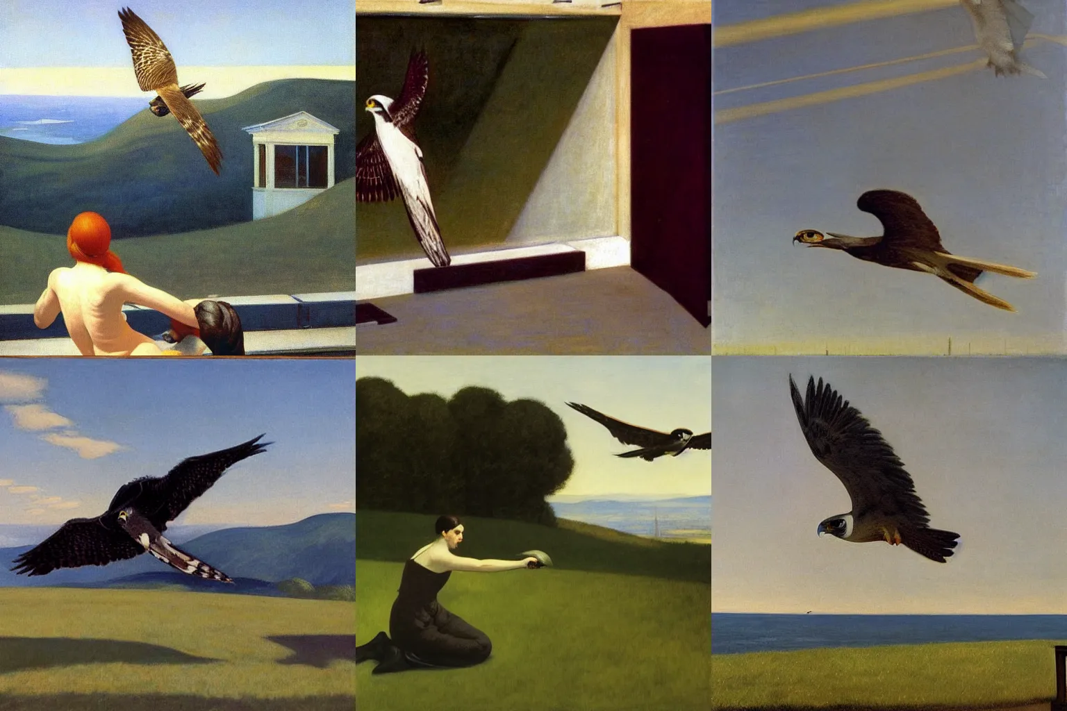 Prompt: a falcon flies away from the falconer. painting by edward hopper and fernand khnopff