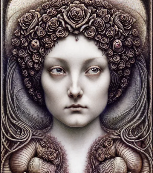 Prompt: detailed realistic beautiful rose goddess face portrait by jean delville, gustave dore, iris van herpen and marco mazzoni, art forms of nature by ernst haeckel, art nouveau, symbolist, visionary, gothic, neo - gothic, pre - raphaelite, fractal lace, intricate alien botanicals, ai biodiversity, surreality, hyperdetailed ultrasharp octane render