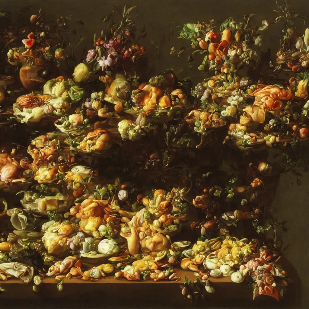 Prompt: a disgusting meal by rachel ruysch, 1 6 9 5