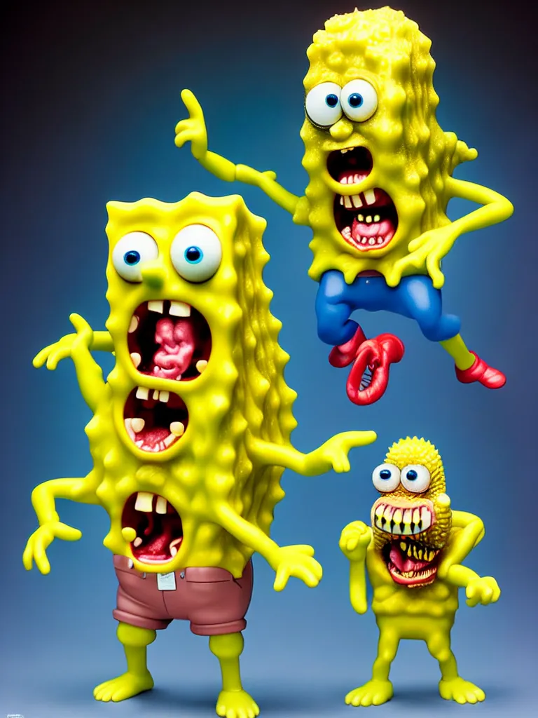 Prompt: hyperrealistic rendering, fat smooth john carpenter flesh monster spongebob by art of skinner and richard corben and jeff easley, product photography, action figure, sofubi, studio lighting, colored gels, colored background