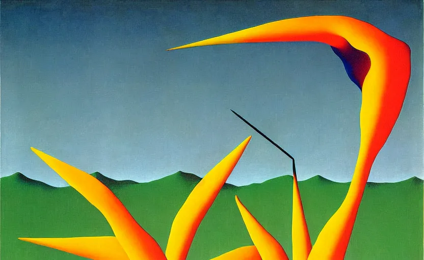 Image similar to geometric painting of birds of paradise by rene magritte