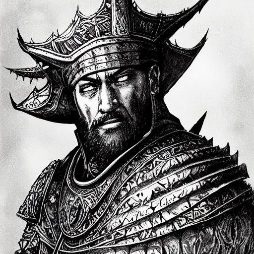 Prompt: a close up portrait of a very old Sultan Saladin, art station, highly detailed, concept art, sharp focus, illustration in pen and ink, wide angle, by Kentaro Miura