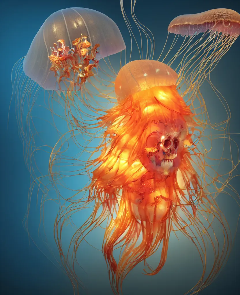 Prompt: close-up portrait of the face of a beautiful princess in a twisted flowers jellyfish mask surrounded by energy flow, epic angle and pose, symmetrical artwork, 3d with depth of field, blurred background, floating jellyfish skull phoenix bird, translucent, nautilus, energy flows of water and fire. a highly detailed epic cinematic concept art CG render. made in Maya, Blender and Photoshop, octane render, excellent composition, cinematic dystopian brutalist atmosphere, dynamic dramatic cinematic lighting, aesthetic, very inspirational, arthouse. y Greg Rutkowski, Ilya Kuvshinov, WLOP, Stanley Artgerm Lau, Ruan Jia and Fenghua Zhong