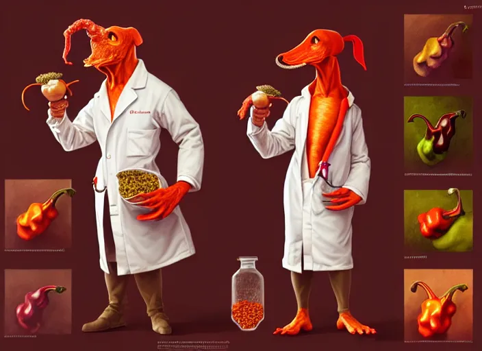 Image similar to a anthropomorphic pepper wearing a lab coat, diffuse lighting, fantasy, intricate, elegant, highly detailed, lifelike, photorealistic, digital painting, artstation, illustration, concept art, smooth, sharp focus, art by frank frazetta and marco bucci and loish and rossdraws and artgerm and alphonse mucha