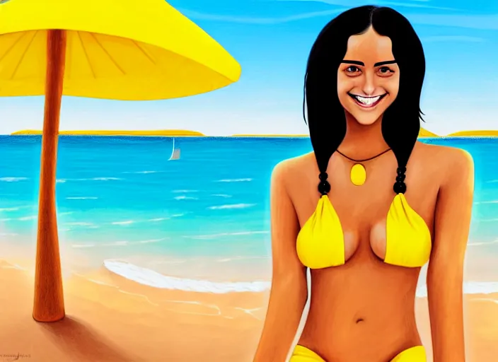 Prompt: a girl with black hair, with a very beautiful symmetrical face, a smile on her face, tanned skin, in a yellow bikini, against the background of a sea beach, in art style, high detail, digital painting