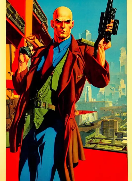 Image similar to american propaganda poster. cyberpunk hitman. portrait by jean giraud and anton otto fischer and john philip falter and will eisner and gil elvgren. realistic proportions. character art. science fiction d & d. tf 2, overwatch.