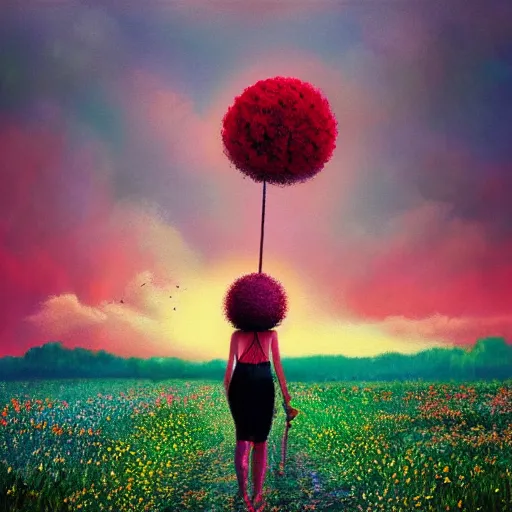 Image similar to giant red flower afro, full body, girl walking in the middle of a field with flowers, surreal photography, hills, sunrise dramatic light, impressionist painting, colorful clouds, digital painting, pointillism, artstation, simon stalenhag