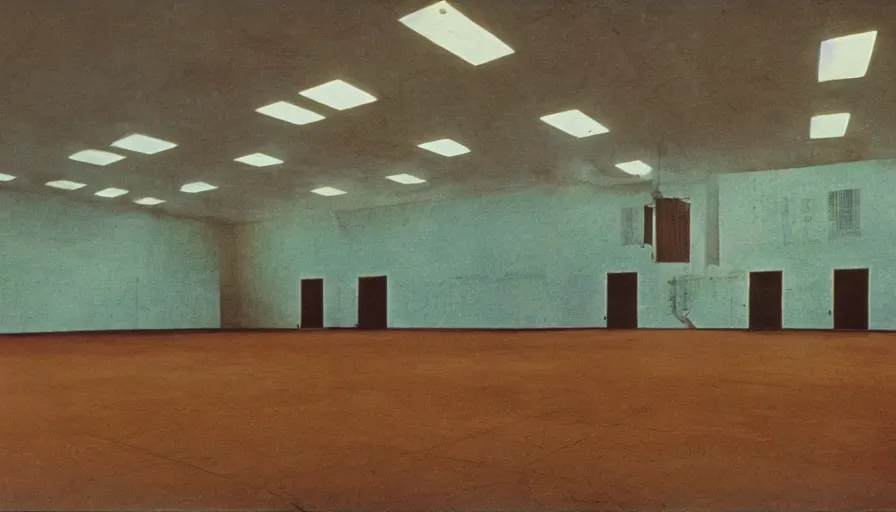 Prompt: 70s movie still of a man with superthin head in an empty soviet ballroom, eastmancolor, heavy grain, high quality, higly detailed, liminal space