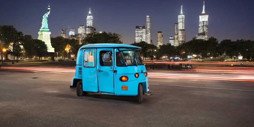 Image similar to a lonely blue tuk tuk with the statue of liberty in the background, night, full color