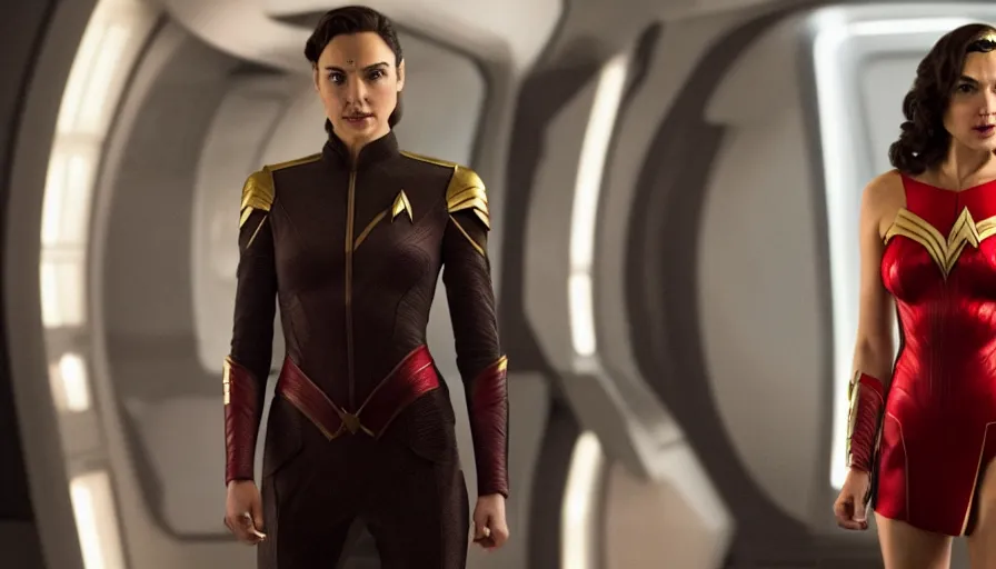 Image similar to Gal Gadot, wearing command red, is the captain of the starship Enterprise in the new Star Trek movie