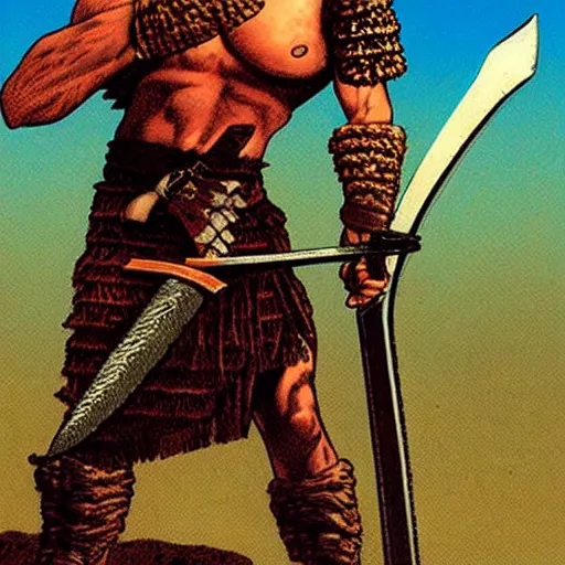 Image similar to barbarian warrior holding sword. Artwork by Richard Corben