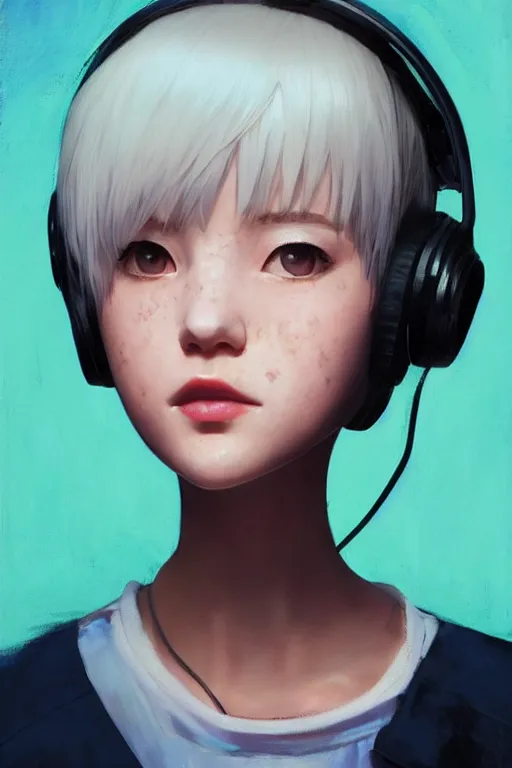 Image similar to a cute young woman listening to music with her eyes closed and wearing headphones by Ilya Kuvshinov, white bob cut hair, freckles, dark thunderclouds in the backround, blue filter, blue and white, vivid colors, soft lighting, cinematic, moody, nier automata, poster, oil on canvas, by Krenz Cushart, by Range Murata, 8k