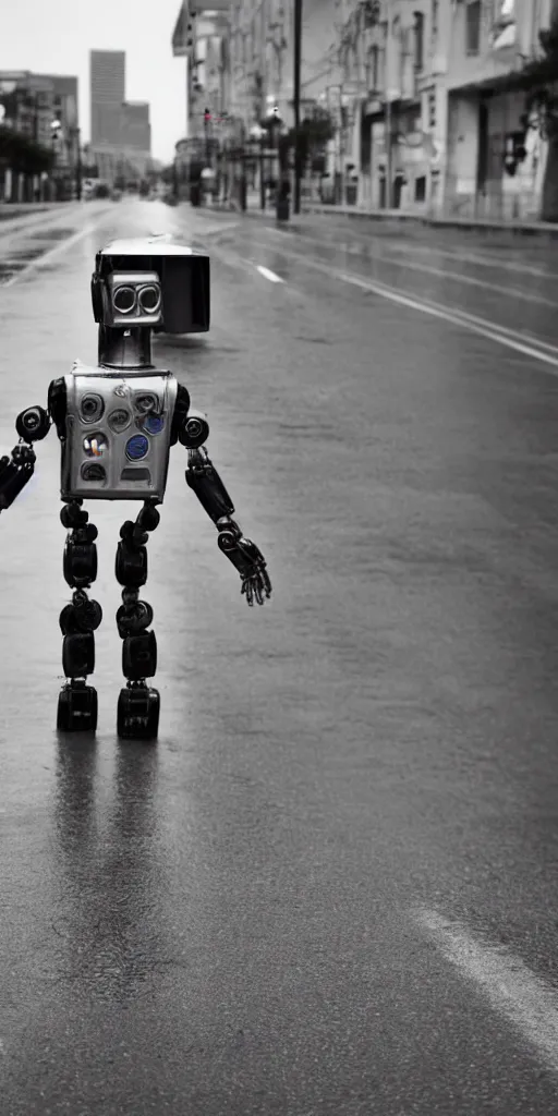 Image similar to robot on the road, city, photo, rain,