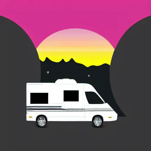 Image similar to very very very minimal vector graphic of a white and black thor chateau motorhome, color highway, mountains and sunset!!, all enclosed in a circle, white background, dramatic, professional minimal graphic design cartoon, award winning