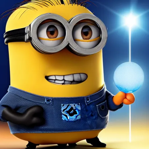 Image similar to handsome minion wearing a blue wizard robe and hat pondering a glowing orb