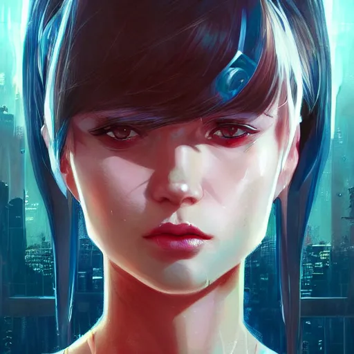 Image similar to A cyberpunk cyborg girl with big and cute eyes, fine-face, realistic shaded perfect face, fine details. not anime. Realistic shaded lighting poster by Ilya Kuvshinov katsuhiro, magali villeneuve, artgerm, Jeremy Lipkin and Michael Garmash, Rob Rey and Kentarõ Miura style, trending on art station