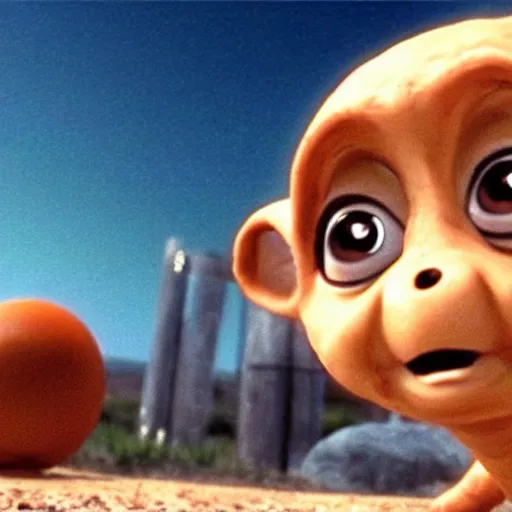 Prompt: a still from the movie e. t. crossover with the game super monkey ball