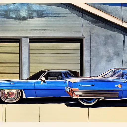 Image similar to detailed details photorealistic pictures of car garage in the style of bob peak and alex ross, gouache and wash paints color, detailed details object proportionate, detailed 5 k details.