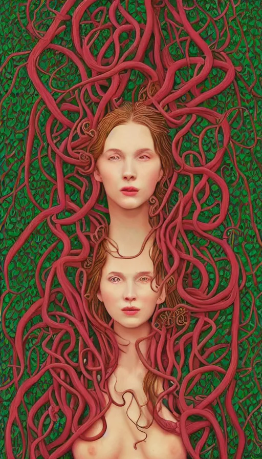 Image similar to very detailed portrait of a 2 0 years old girl surrounded by tentacles, the youg woman visage is blooming from fractal and vines, by wes anderson,