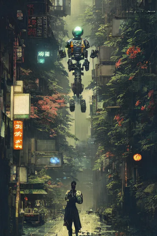 Prompt: vintage autochrome photo of ancient overgrown cyberpunk tokyo with robot by craig mullins, rutkowski, hiroshi yoshida, night, rain, flowers, beautifully lit, hyperdetailed, unreal engine, 3 d rendered, photorealistic, artstation, cgsociety