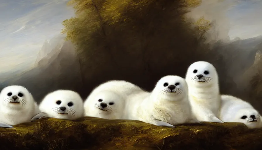 Prompt: highly detailed painting of cute furry white baby seals on an out of control cad by william turner, by greg rutkowski, by william constable, thick brush strokes and visible paint layers, 4 k resolution