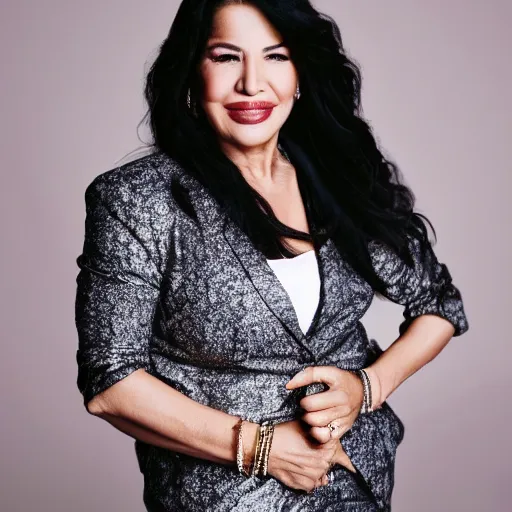 Image similar to dslr photo portrait still of 5 1 year old age 5 1 selena quintanilla at age 5 1!!!, 8 5 mm f 1. 8, studio lighting, vogue