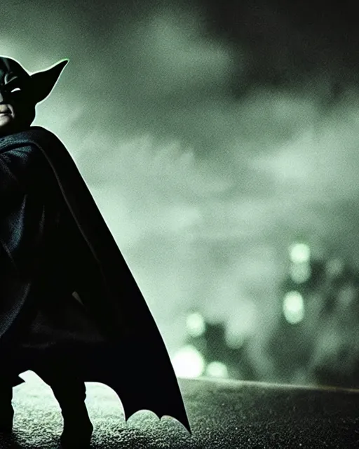 Image similar to epic closeup cinematic still of baby yoda as batman wearing batman costume with batcape as batman in atmospheric rainy alleyway in the style of batman begins, 8 k backlit, rim lighting, dramatic moonlight lighting, beautiful composition