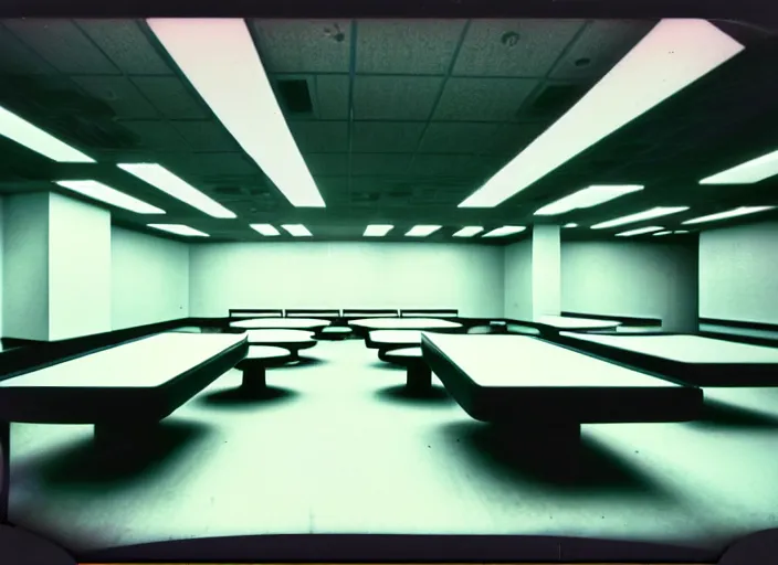 Prompt: polaroid photograph of a large white empty breakroom, retrofuturist liminal space, hundreds of old tables, crt tv mounted, massive black pits in ceiling trypophobia architecture, familiar place, clean, black mold, warm light, amateur, soft vintage glow, unreal engine, photorealistic, trending on artstation