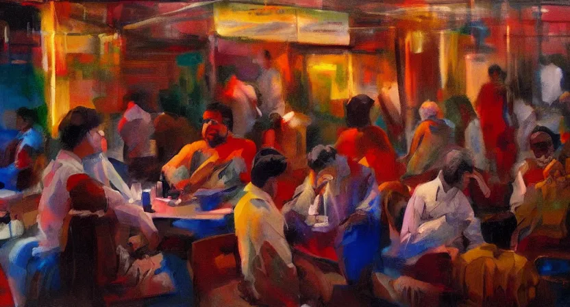 Image similar to people drinking and having fun, artwork by salman toor, cinematic light, atmospheric effects