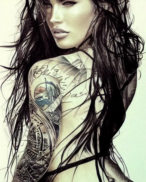 Prompt: tattoo design sketch of megan fox with amazing mountain scenery, double exposure effect, realism tattoo, in the style of den yakovlev, amazing detail, sharp