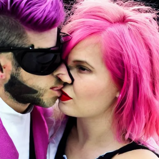 Prompt: feminist woman with pink hair kiss giga chad