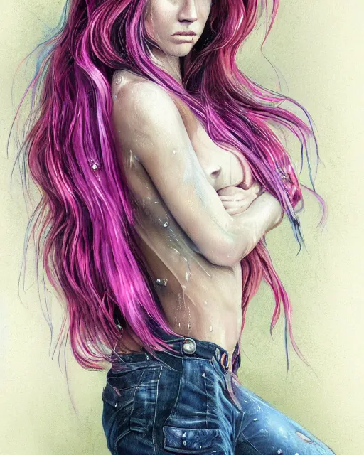 Prompt: full body portrait of an attractive woman with rainbow hair, drunk, angry, soft eyes and narrow chin, dainty figure, long hair straight down, torn overalls, basic white background, side boob, wet shirt, wet, raining, highly detailed face, realistic face, beautiful detailed eyes, fantasy art, in the style of greg rutkowski, illustration, epic, fantasy, intricate, hyper detailed, artstation, concept art, smooth, sharp focus, ray tracing, vibrant,