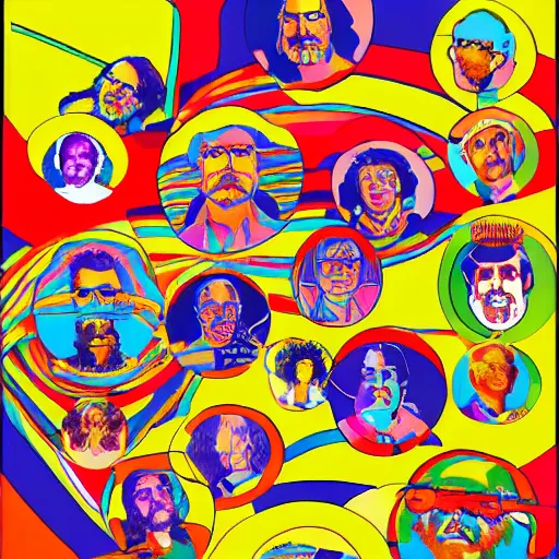 Image similar to a conference of psychedelic scientists / professors / researchers at the ohio state university in the style of peter max