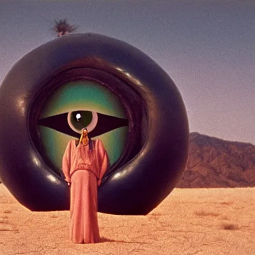 Prompt: woman with an inflatable head and giant eyeballs, in the desert 1972 Jodorowsky film, archival footage, technicolor film expired film live-action, 16mm