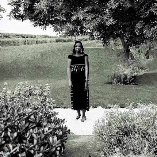 Prompt: A woman standing in an Andrew White style garden, she's in a black dress, black face by the ocean, black and white