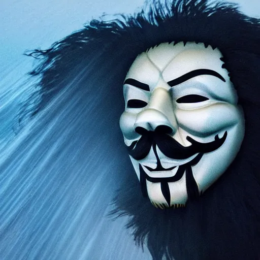 Prompt: anonymous guy fawkes as lion face breaching through a wave, sunny weather, ocean sprites, closeup of face, trending on artstation, dark lighting, face encircled by ocean wave